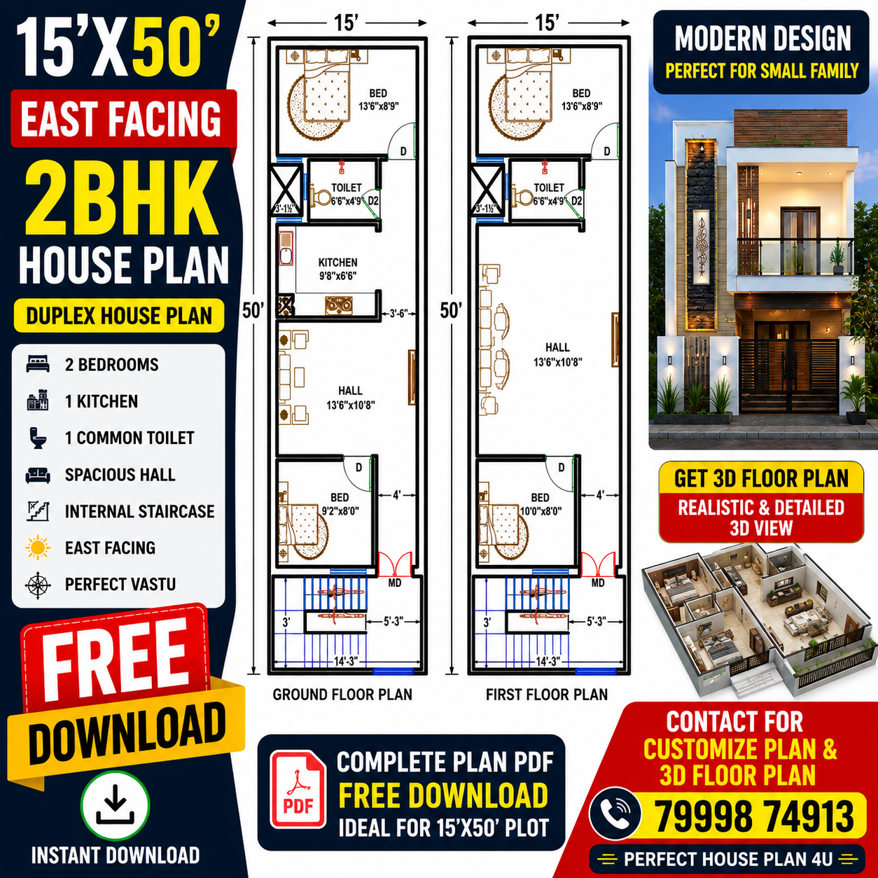HOUSE PLAN FOR 15'X50' FEET EAST FACING PLOT